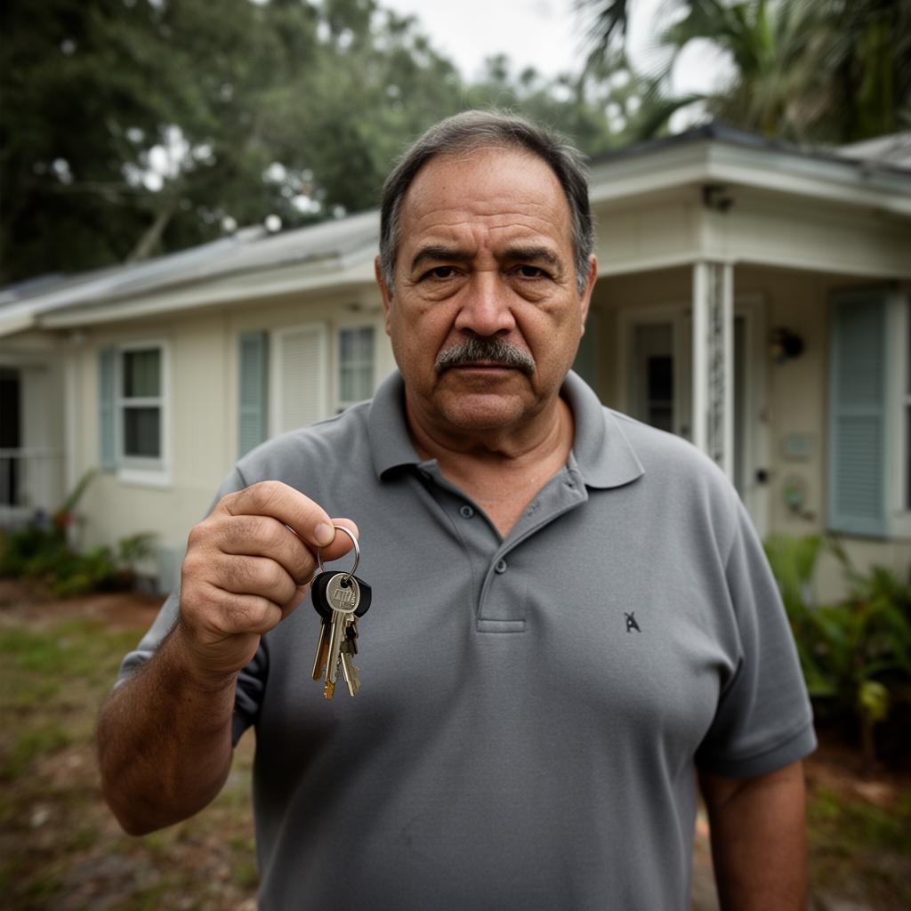 Landlord holding keys in front of a rental property
