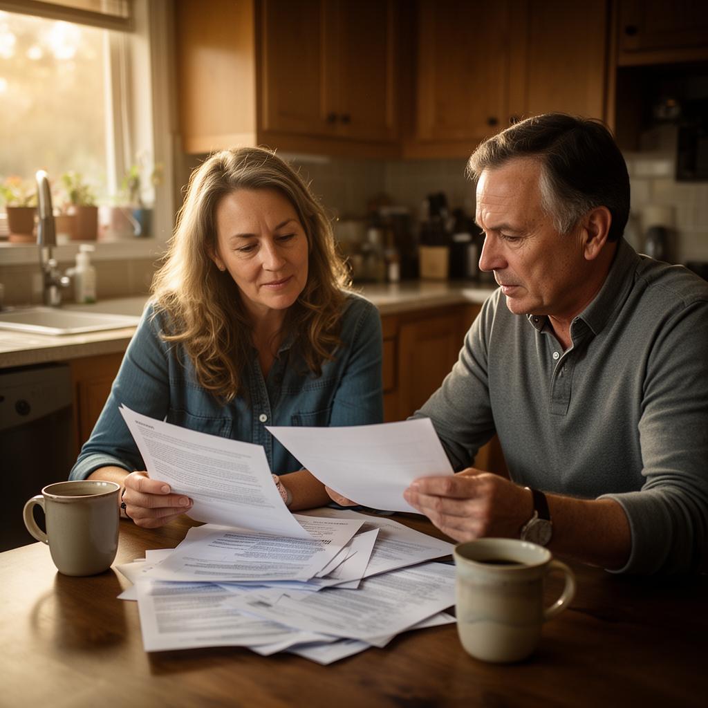Couple reviewing cash offer paperwork at kitchen table