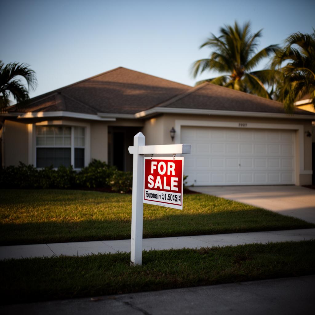 Florida home with a for sale sign at golden hour